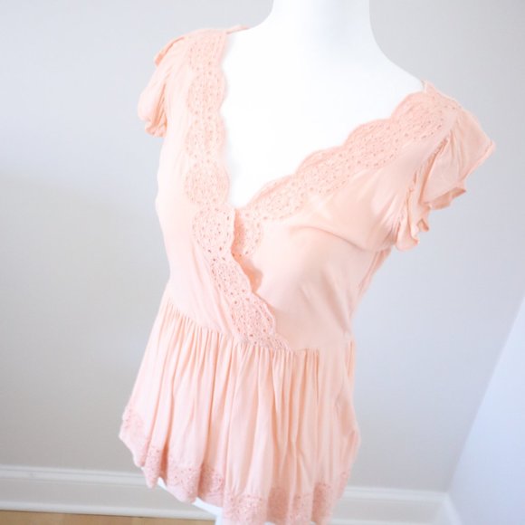 Loft Pink Crochet V Neck Wrap Top Blouse 0 XS - Picture 2 of 5